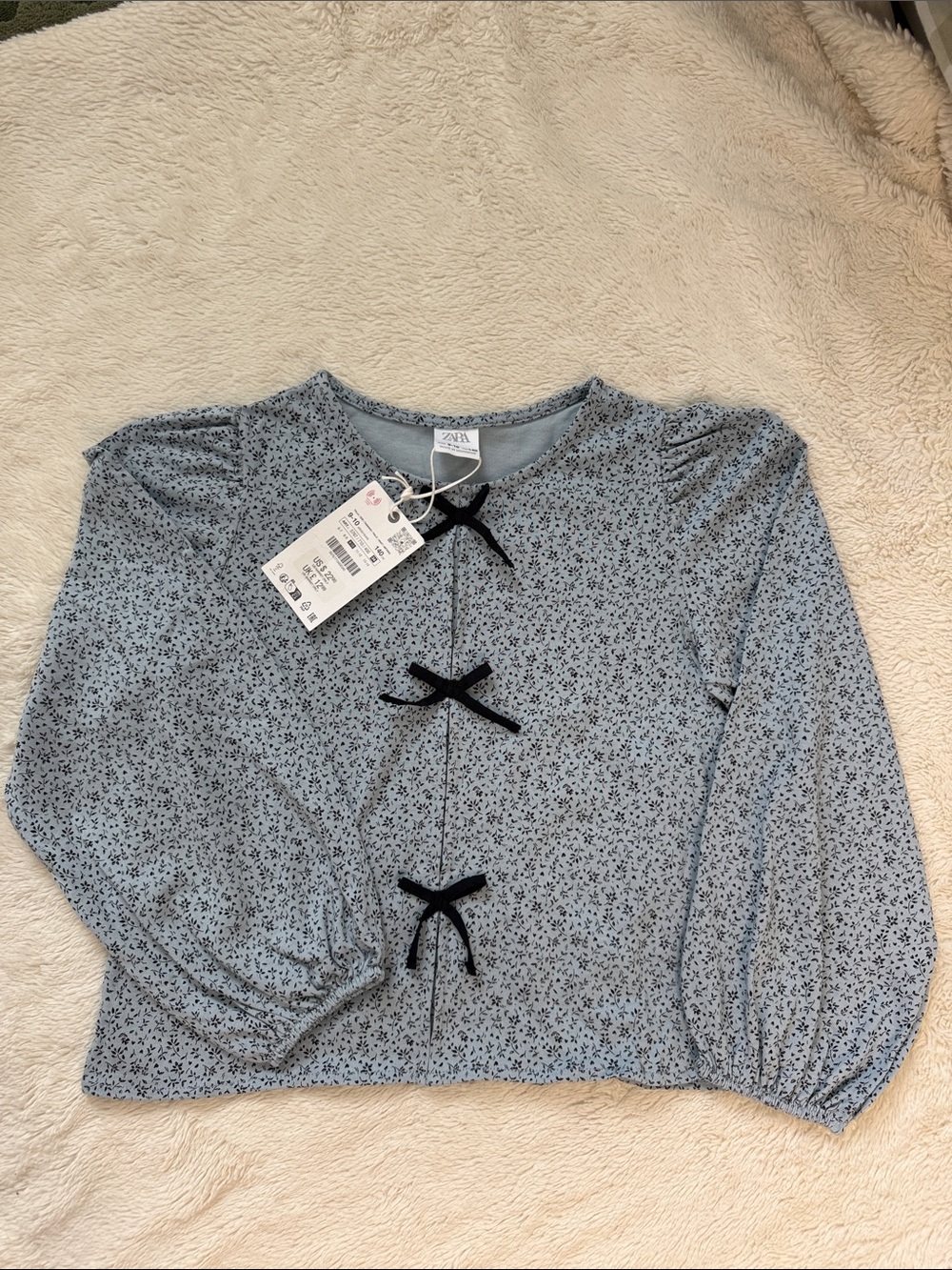 NWT ZARA kids Light Blue Floral Bow-Front Long Sleeve Top